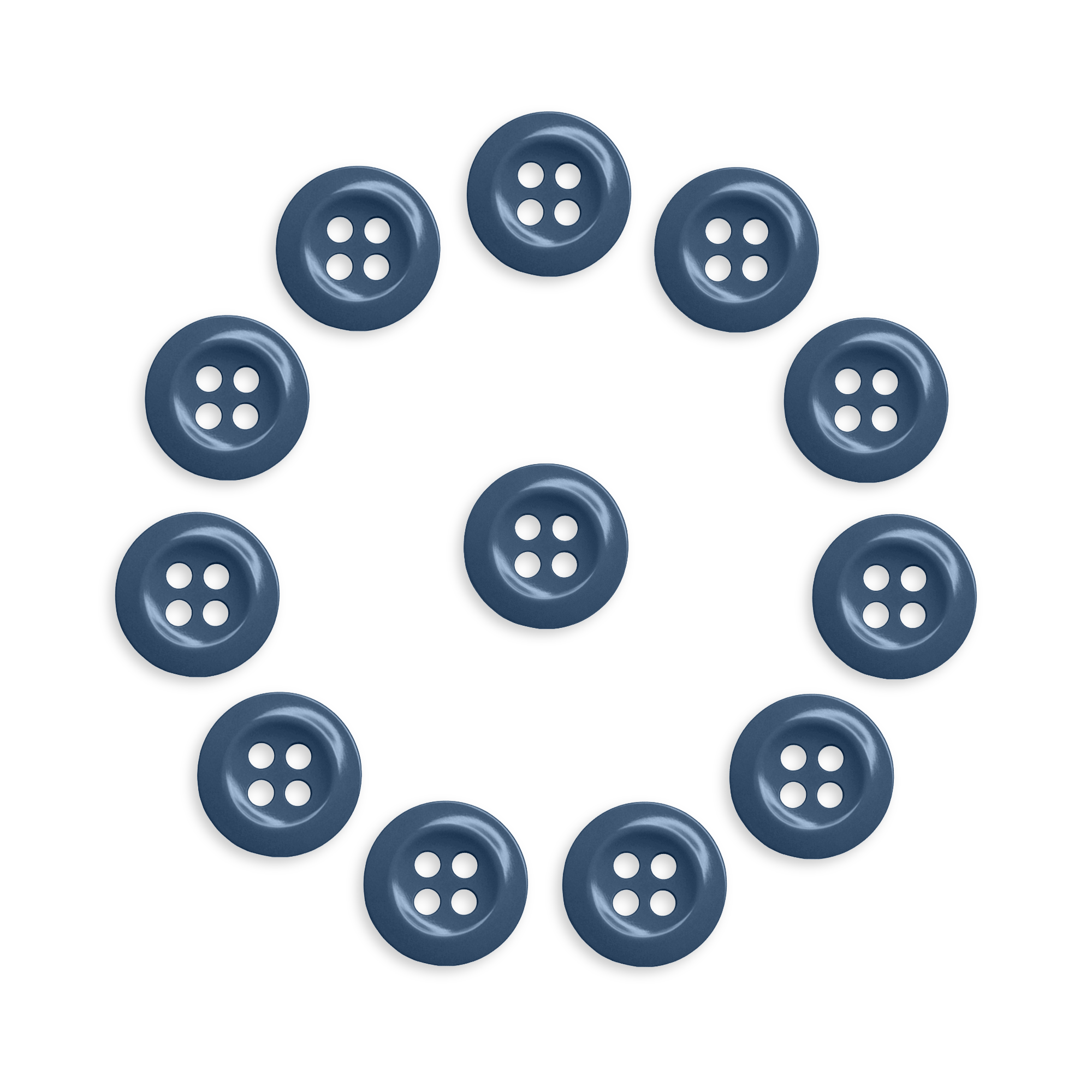 Twelve Work Shirt Buttons from the 12 Pack are arranged in a circle around one blue button at the center on a white background.