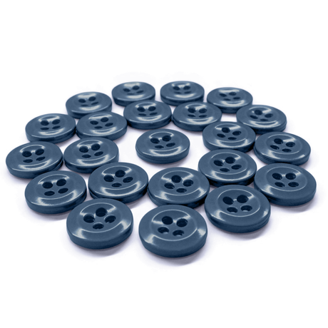 Twenty-one Work Shirt Buttons, dark blue with four holes and military specification, displayed in a neat pattern against a white background.