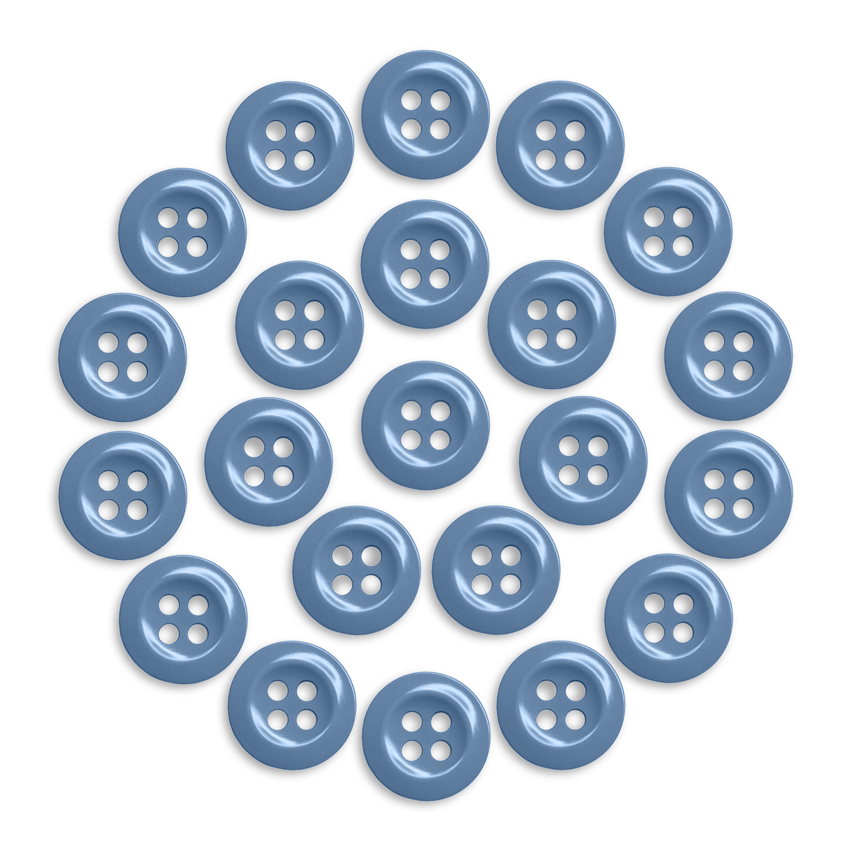 Twenty-two Work Shirt Buttons in blue, military spec, arranged in a circle on a white background.