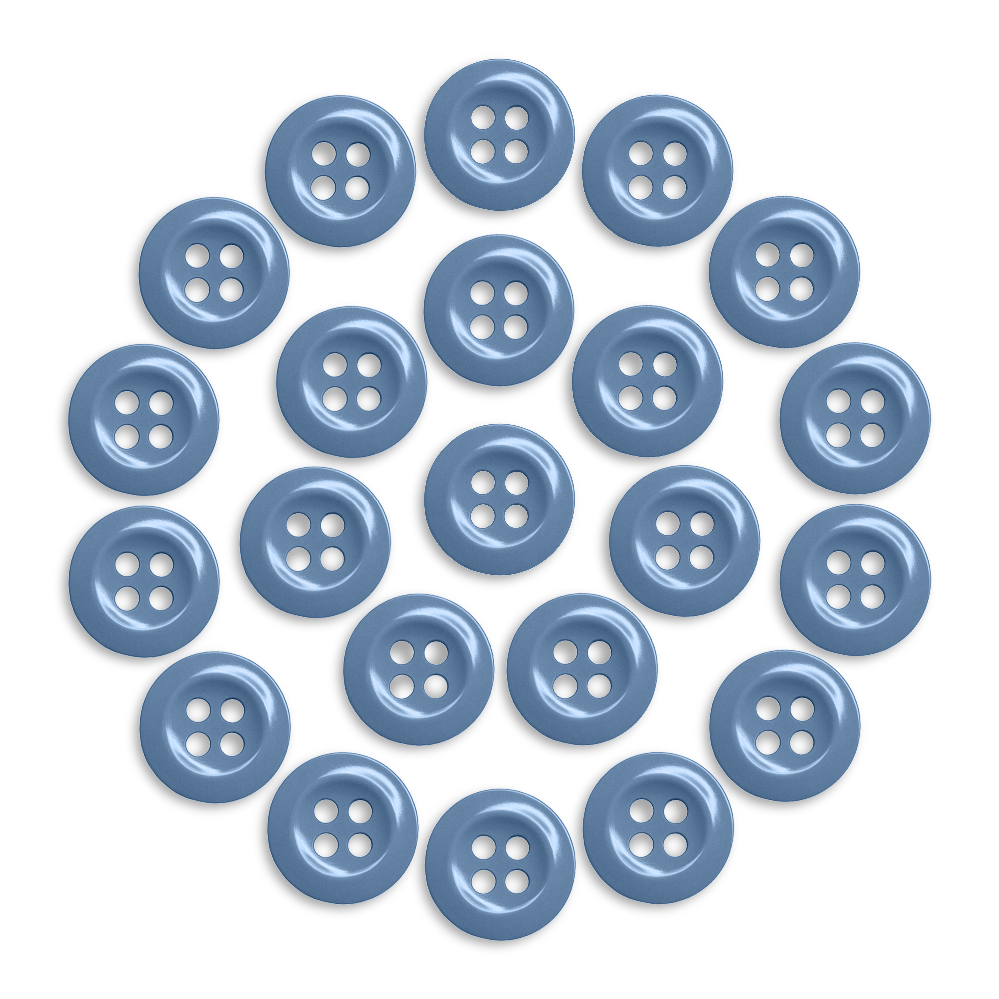 Twenty-two blue 'Work Shirt Buttons' arranged in a circle on a white background.