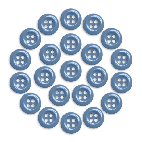 Twenty-two Work Shirt Buttons in blue, military spec, arranged in a circle on a white background.