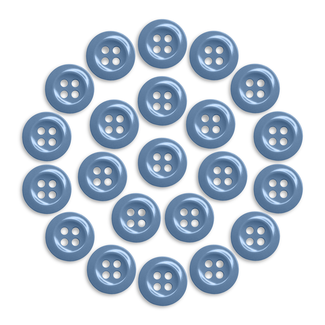 Twenty-two Work Shirt Buttons in blue, military spec, arranged in a circle on a white background.