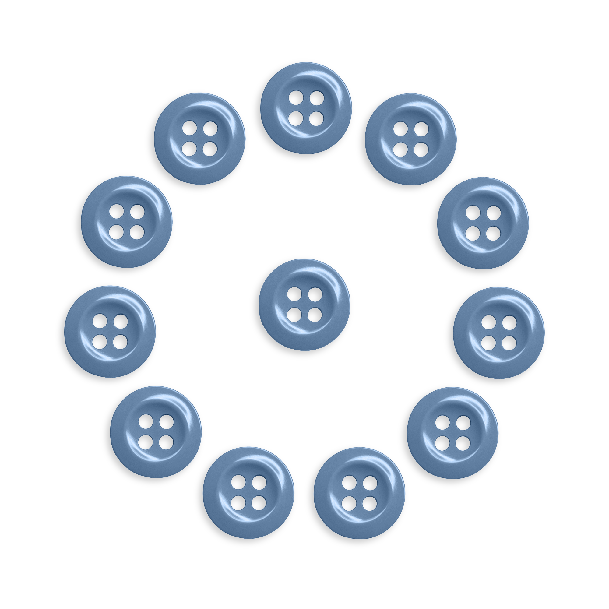 The Work Shirt Buttons 12 Pack features twelve blue military spec buttons arranged in a circle with one button in the center on a white background.