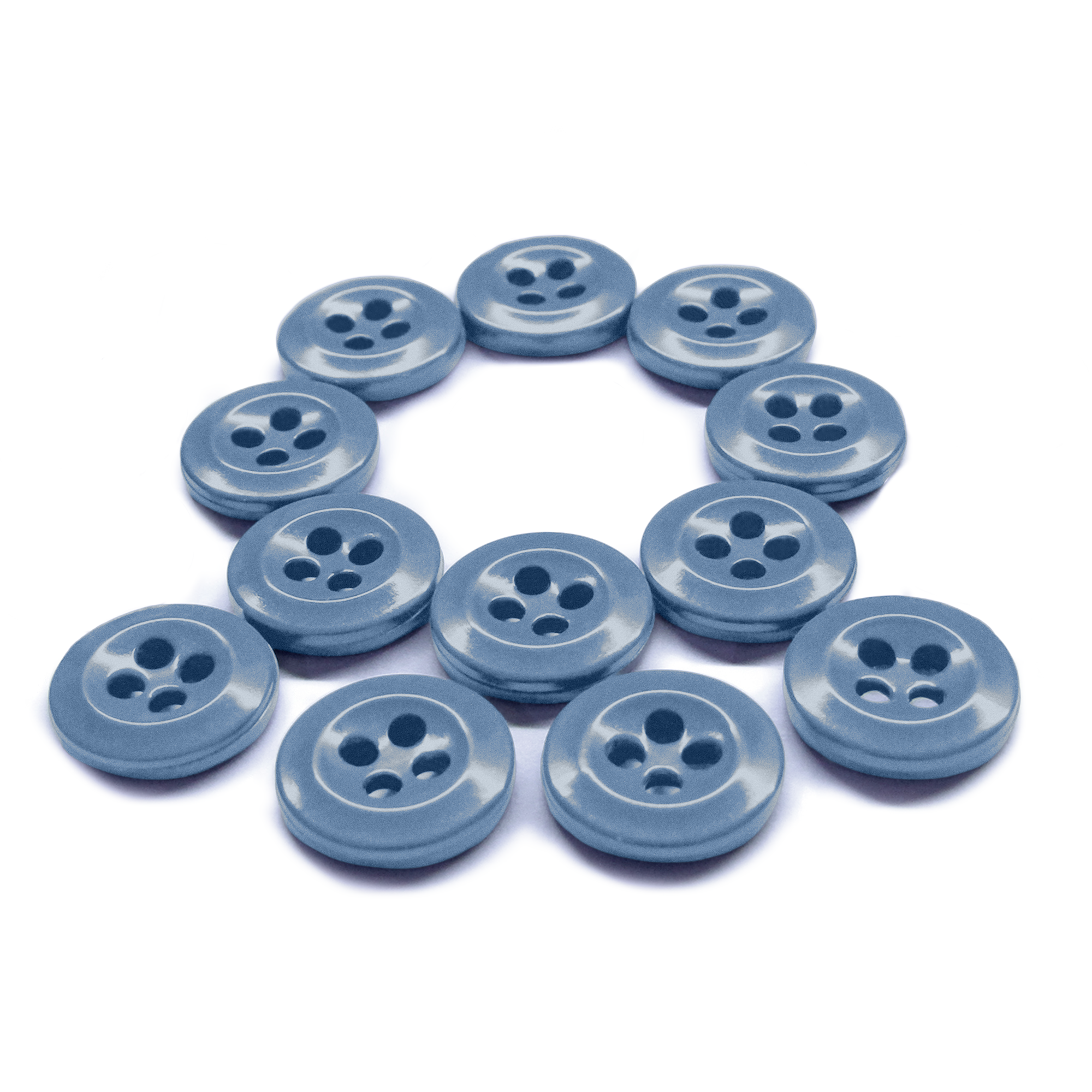 Twelve blue Work Shirt Buttons from the 12 Pack are arranged in the shape of the letter Q on a white background.