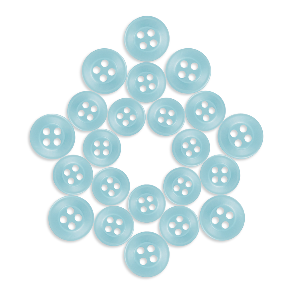 A set of light blue Replacement Shirt Buttons, made of poly-nylon, arranged in a circular star pattern on a white background.