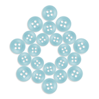 A set of light blue Replacement Shirt Buttons, made of poly-nylon, arranged in a circular star pattern on a white background.