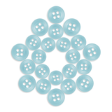 A set of light blue Replacement Shirt Buttons, made of poly-nylon, arranged in a circular star pattern on a white background.
