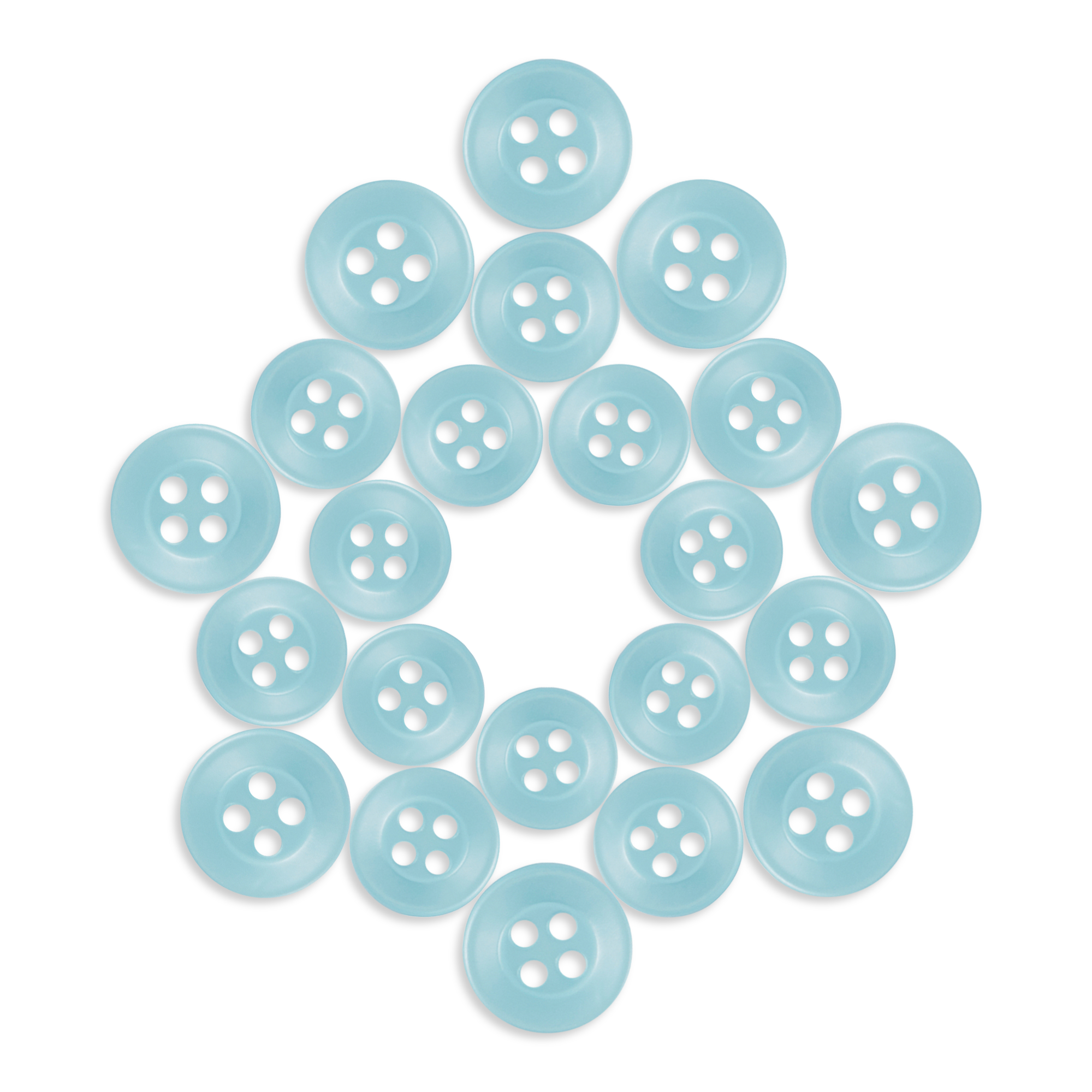 A set of light blue Replacement Shirt Buttons, made of poly-nylon, arranged in a circular star pattern on a white background.