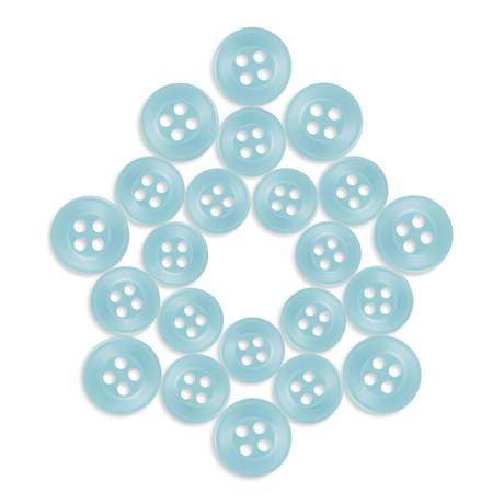 A set of light blue Replacement Shirt Buttons, made of poly-nylon, arranged in a circular star pattern on a white background.