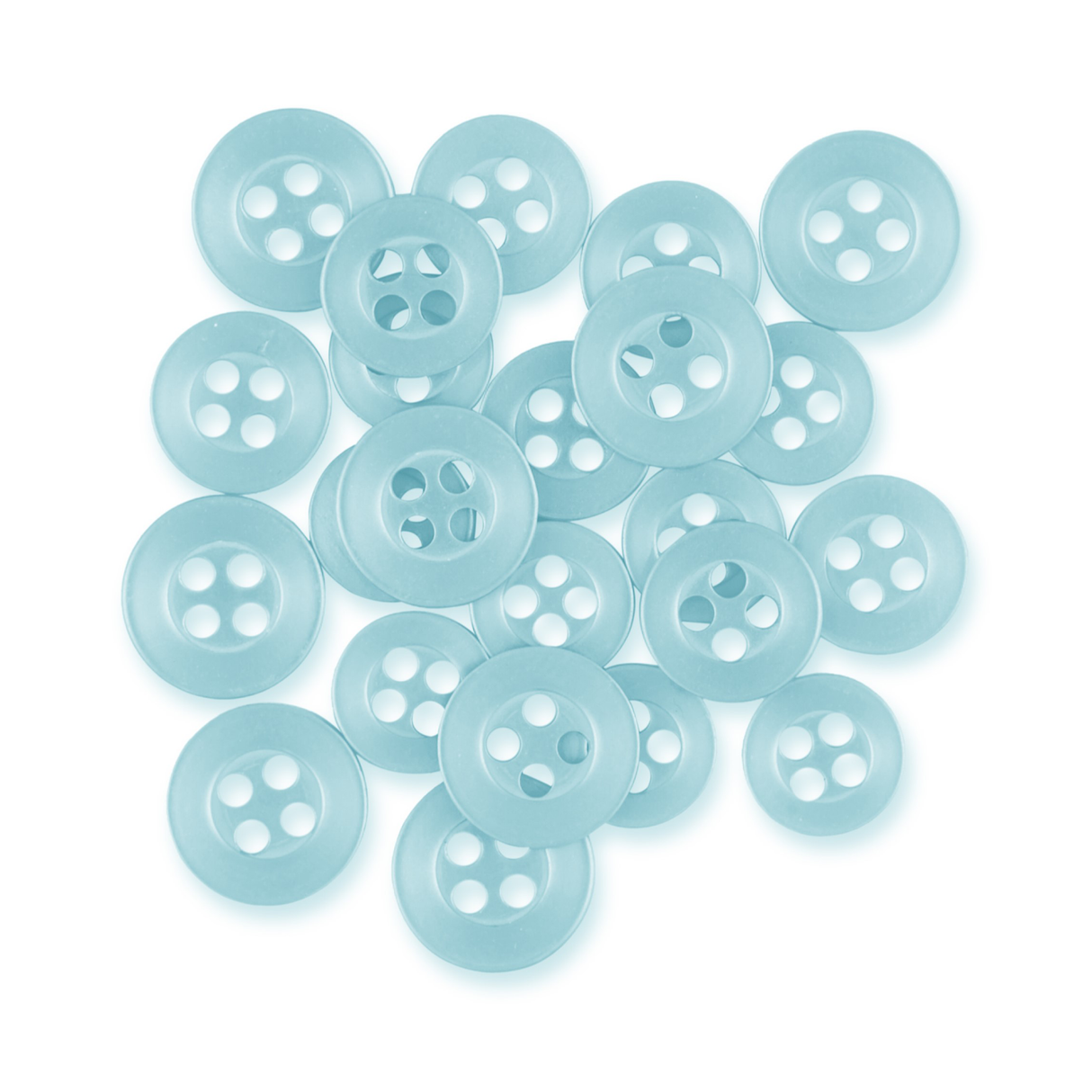 A pile of light blue Replacement Shirt Buttons, known for their durability, are arranged on a white background—an ideal addition to any tailor’s button kit.
