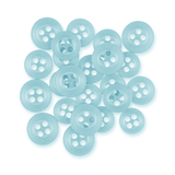 A pile of light blue Replacement Shirt Buttons, known for their durability, are arranged on a white background—an ideal addition to any tailor’s button kit.