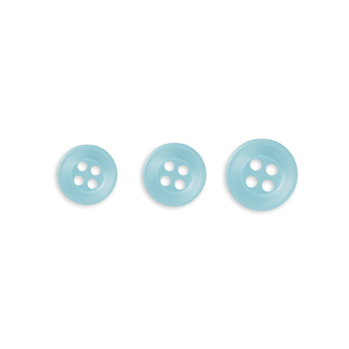Three Replacement Shirt Buttons in light blue poly-nylon, featuring different sizes, are neatly arranged in a row on a white background—ideal for any tailor's kit.