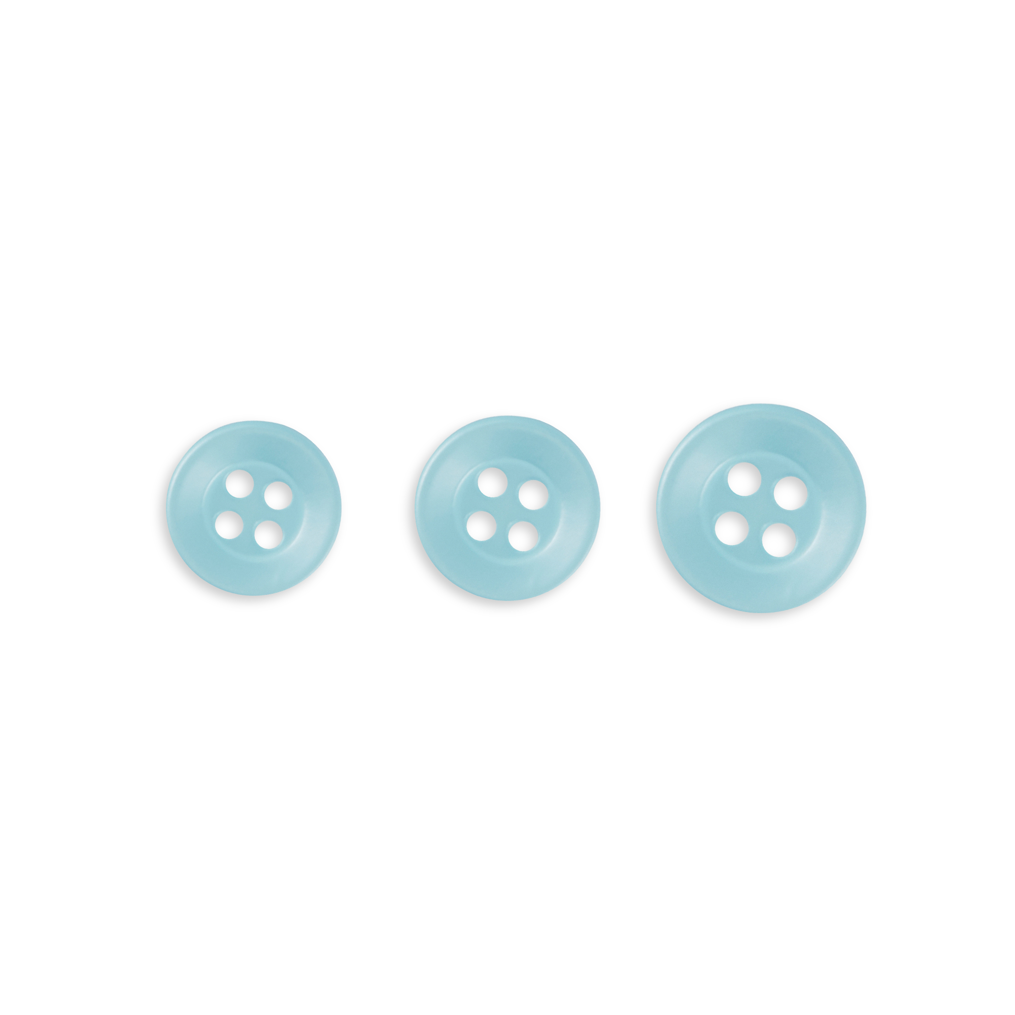 Three Replacement Shirt Buttons in light blue poly-nylon, featuring different sizes, are neatly arranged in a row on a white background—ideal for any tailor's kit.