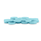 A stack of round, flat blue Replacement Shirt Buttons made of poly-nylon is displayed on a white background.
