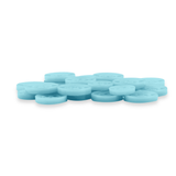 A stack of round, flat blue Replacement Shirt Buttons made of poly-nylon is displayed on a white background.