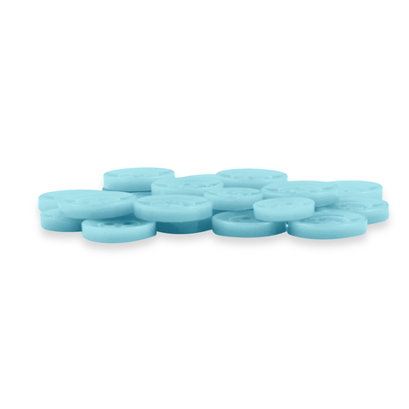 A stack of round, flat blue Replacement Shirt Buttons made of poly-nylon is displayed on a white background.