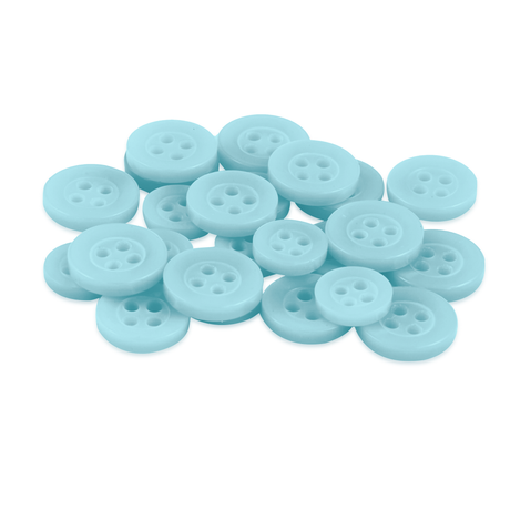 A pile of small, round, light blue Replacement Shirt Buttons with four holes each—perfect for any tailor's button kit.