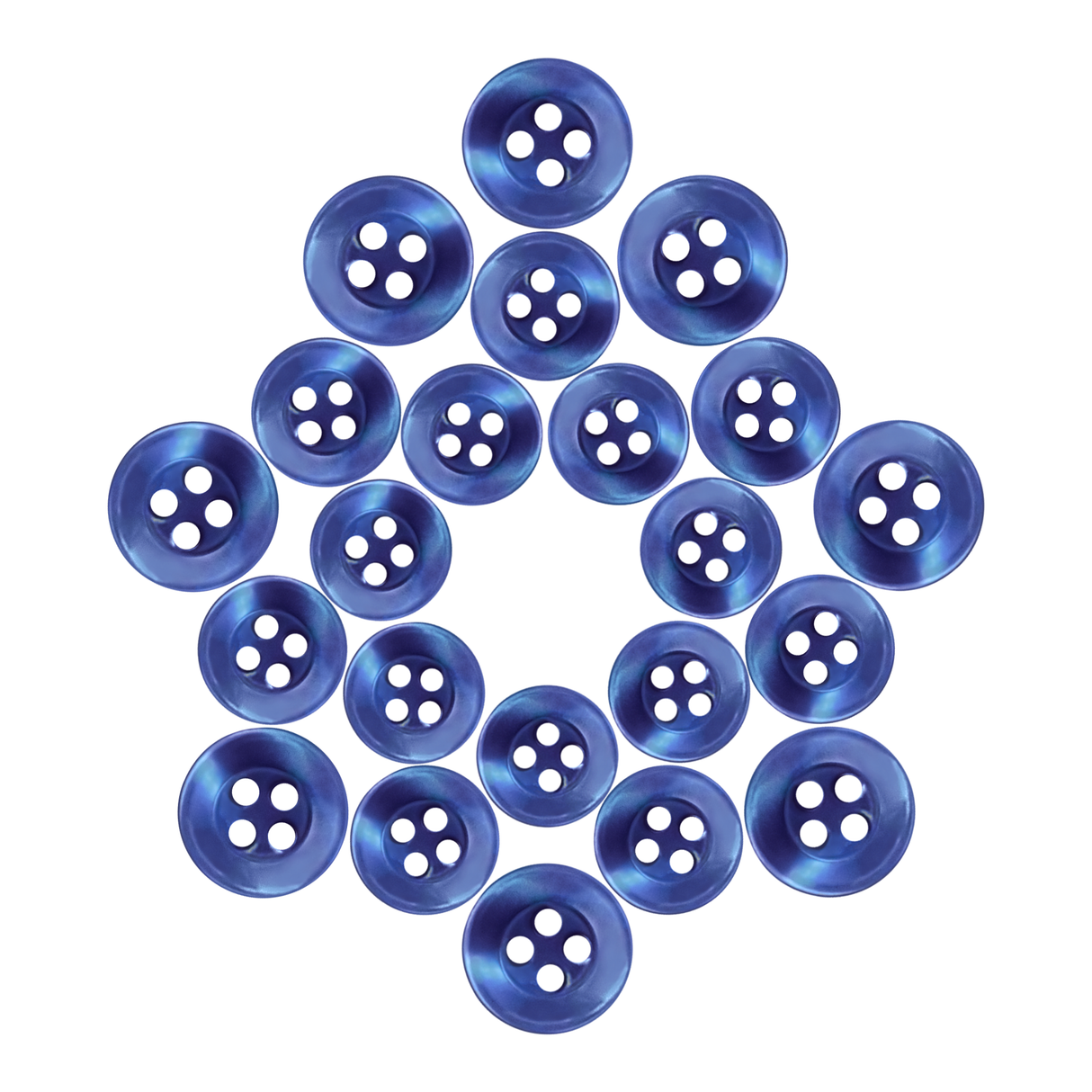Replacement Shirt Buttons in blue poly-nylon are arranged in a circular, star-like pattern on a white background.