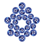 Replacement Shirt Buttons in blue poly-nylon are arranged in a circular, star-like pattern on a white background.