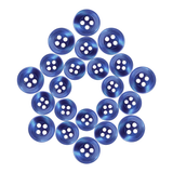 Replacement Shirt Buttons in blue poly-nylon are arranged in a circular, star-like pattern on a white background.