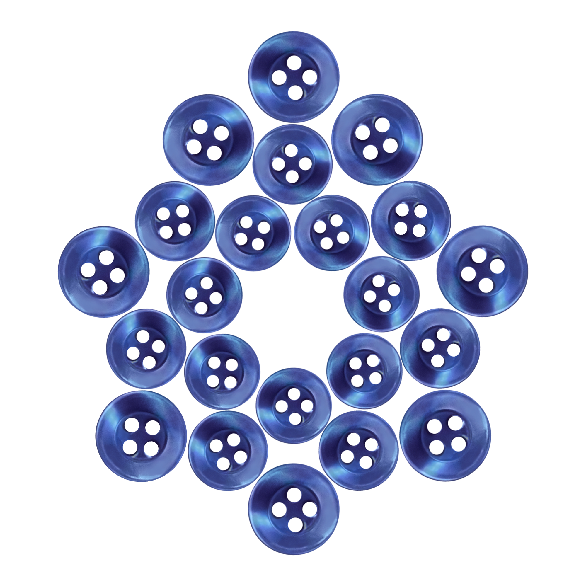 Replacement Shirt Buttons in blue poly-nylon are arranged in a circular, star-like pattern on a white background.