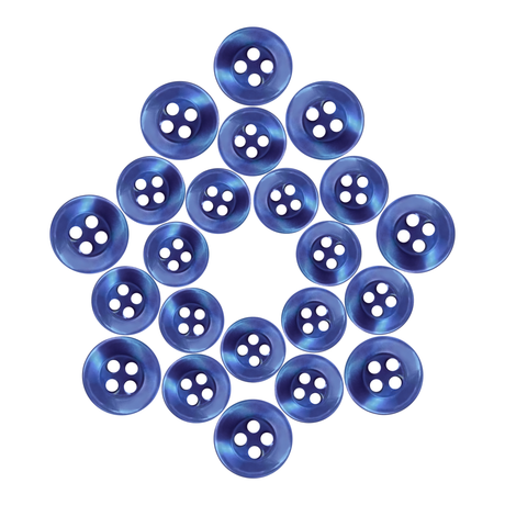Replacement Shirt Buttons in blue poly-nylon are arranged in a circular, star-like pattern on a white background.