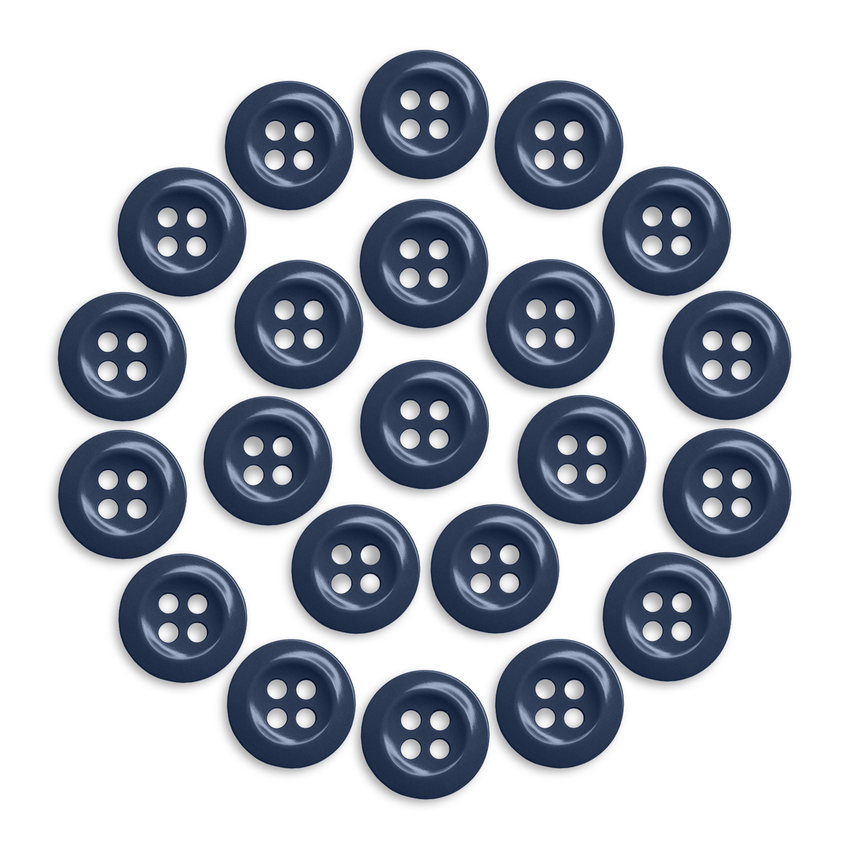 Twenty-two Work Shirt Buttons are arranged in a circular pattern on a white background.