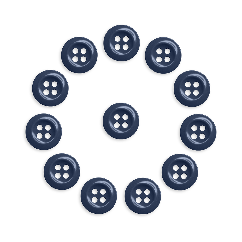 Twelve Work Shirt Buttons (12 Pack) in navy blue, military spec, are arranged in a circle with one button at the center on a white background.