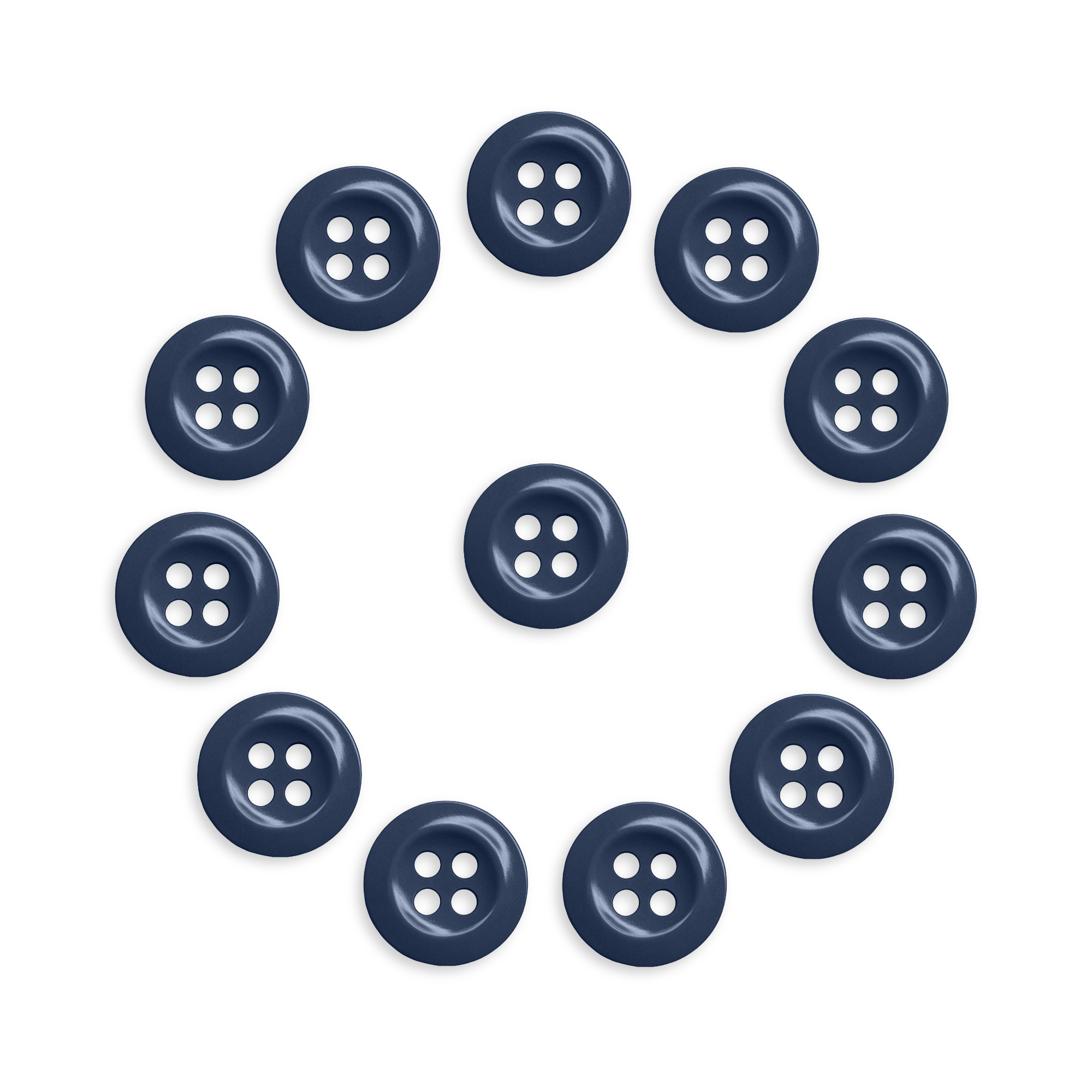 Twelve Work Shirt Buttons (12 Pack) in navy blue, military spec, are arranged in a circle with one button at the center on a white background.