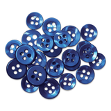 A pile of Replacement Shirt Buttons in shiny blue poly-nylon, ideal for dress shirt repairs, scattered on a white background.