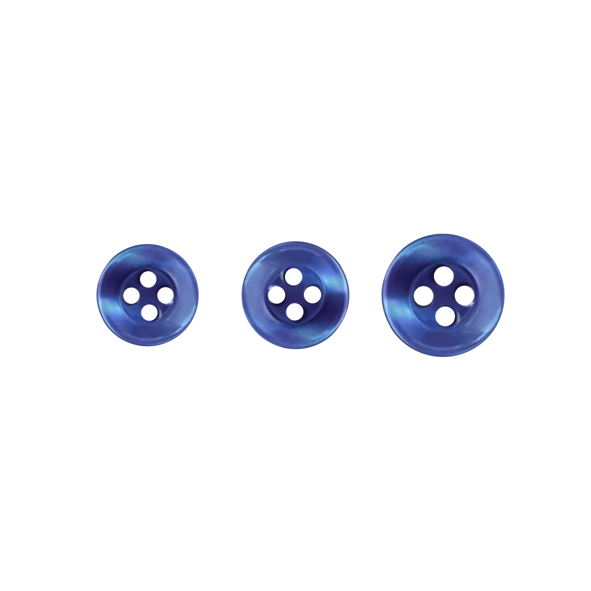 Three blue Replacement Shirt Buttons in assorted sizes are arranged side by side on a white background, ideal for dress shirt repairs or as a handy addition to any tailor's kit.
