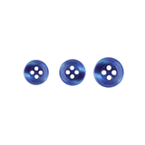 Three blue Replacement Shirt Buttons in assorted sizes are arranged side by side on a white background, ideal for dress shirt repairs or as a handy addition to any tailor's kit.
