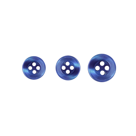 Three blue Replacement Shirt Buttons in assorted sizes are arranged side by side on a white background, ideal for dress shirt repairs or as a handy addition to any tailor's kit.