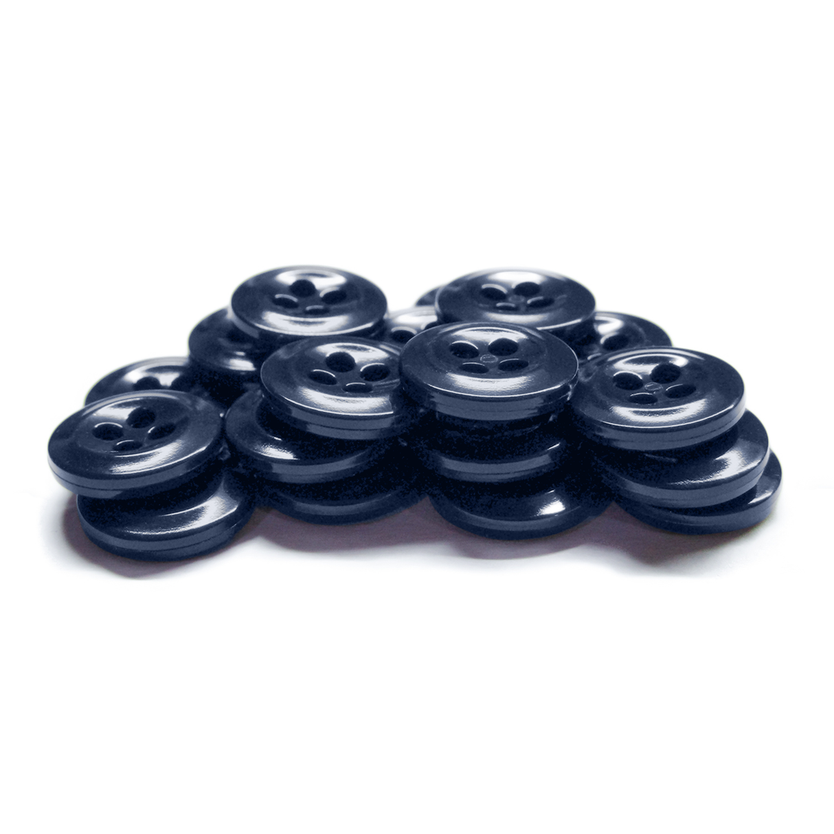A stack of black, four-hole Work Shirt Buttons made from military-grade plastic is arranged on a white background.