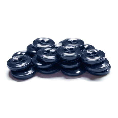 A stack of black, four-hole Work Shirt Buttons made from military-grade plastic is arranged on a white background.