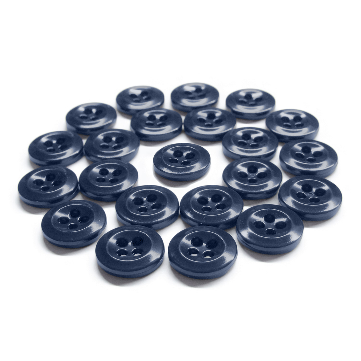 Nineteen Work Shirt Buttons in navy blue military spec are arranged in a loose cluster on a white background.