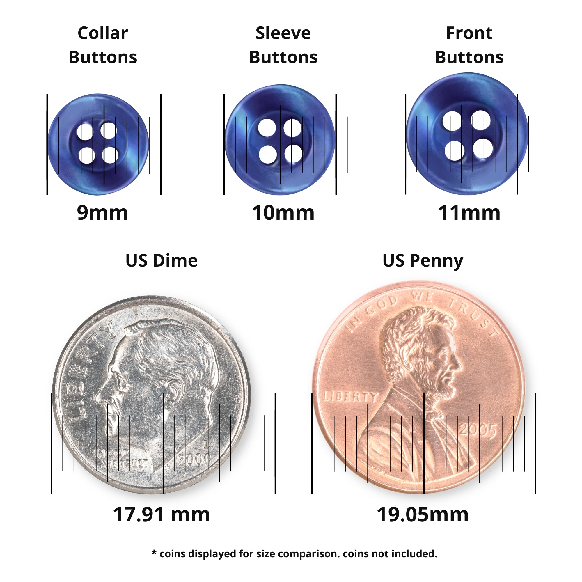 Three blue Replacement Shirt Buttons and two coins are shown with labeled diameters for size comparison—ideal additions to any tailor's button kit.