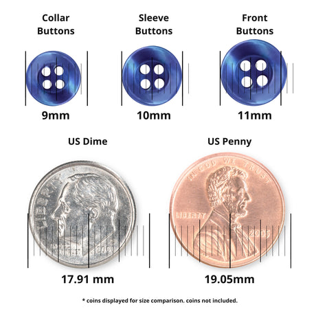 Three blue Replacement Shirt Buttons and two coins are shown with labeled diameters for size comparison—ideal additions to any tailor's button kit.