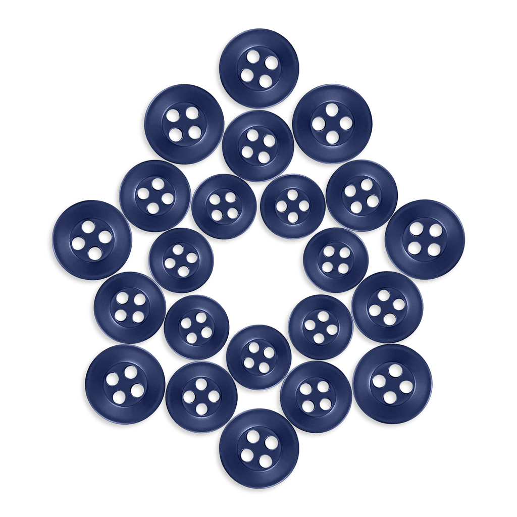 Twenty Replacement Shirt Buttons in blue poly-nylon, star-shaped arrangement on white background—ideal for dress shirt repairs or a tailor’s kit.