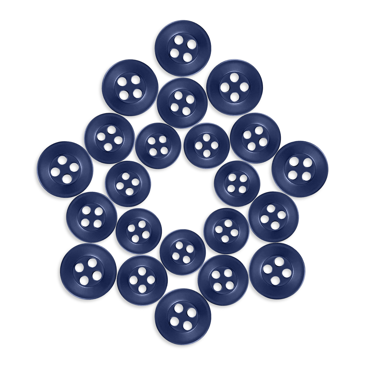 Twenty Replacement Shirt Buttons in blue poly-nylon, star-shaped arrangement on white background—ideal for dress shirt repairs or a tailor’s kit.