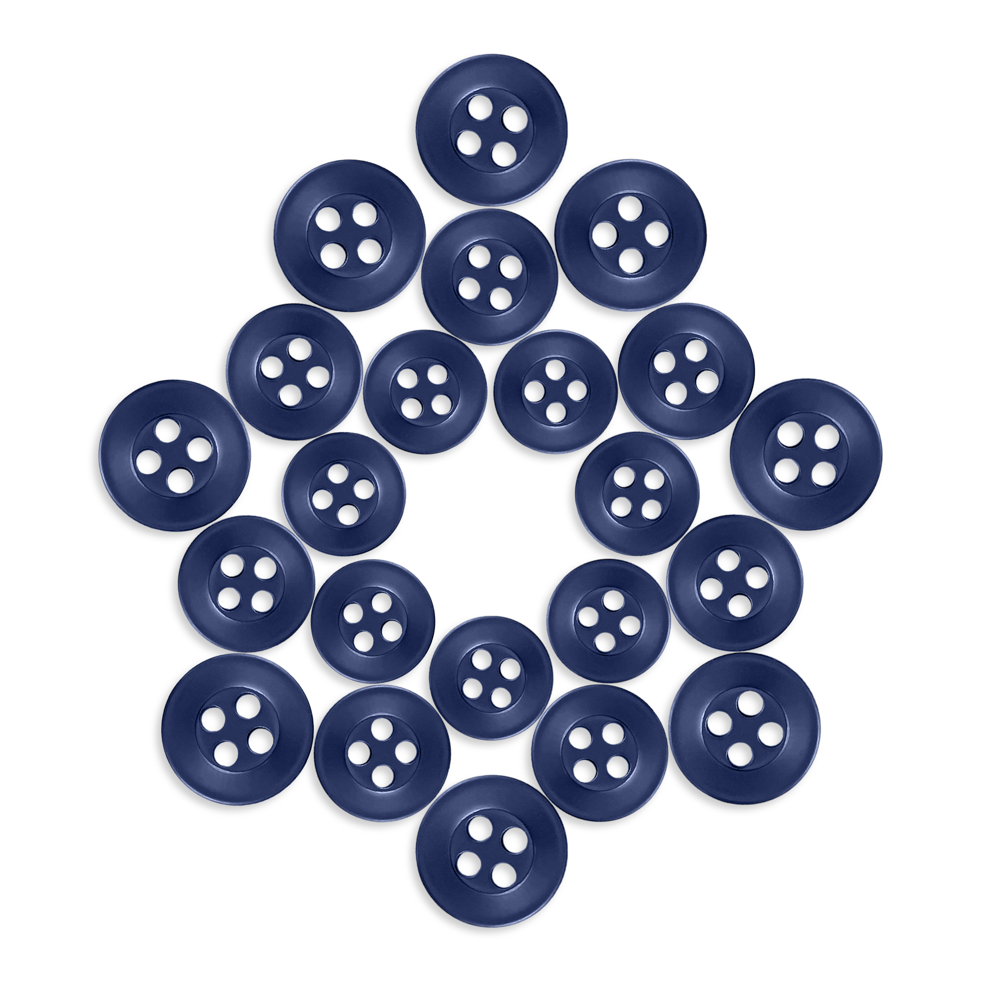 Twenty Replacement Shirt Buttons in blue poly-nylon, star-shaped arrangement on white background—ideal for dress shirt repairs or a tailor’s kit.