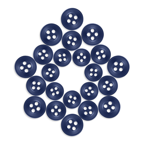 Twenty Replacement Shirt Buttons in blue poly-nylon, star-shaped arrangement on white background—ideal for dress shirt repairs or a tailor’s kit.