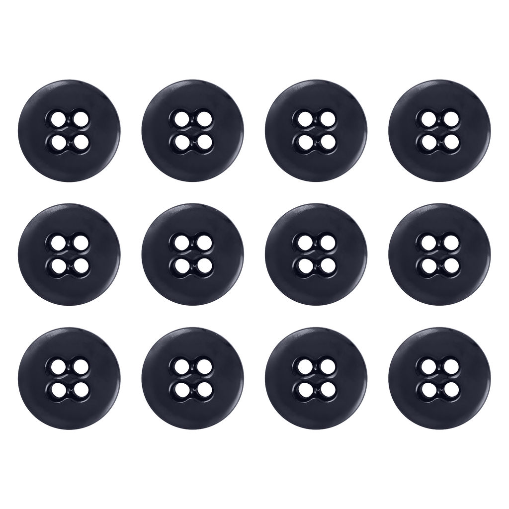 Twelve Suspender Brace Pant Buttons, black with four holes, are arranged in a grid on a white background.
