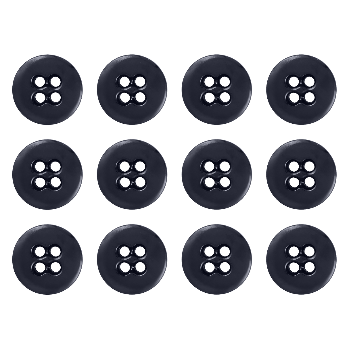 Twelve Suspender Brace Pant Buttons, black with four holes, are arranged in a grid on a white background.