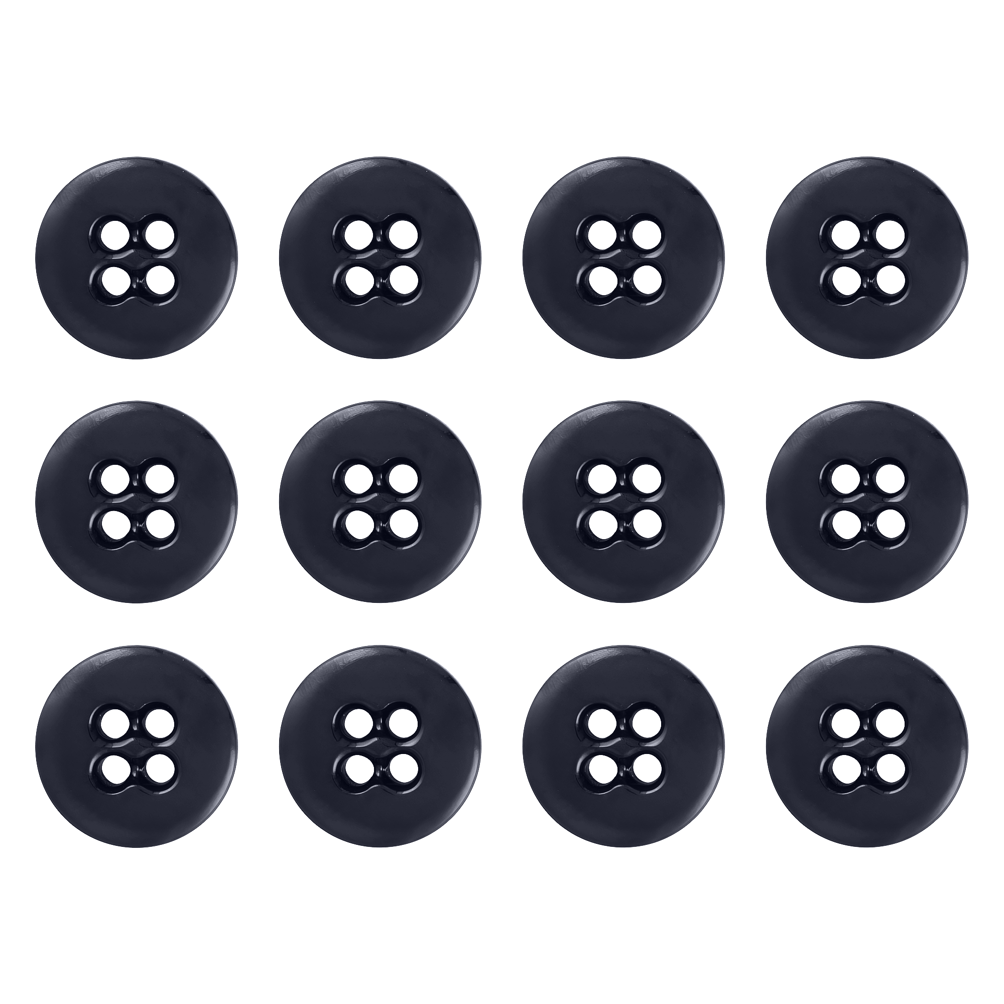 Twelve Suspender Brace Pant Buttons, black with four holes, are arranged in a grid on a white background.