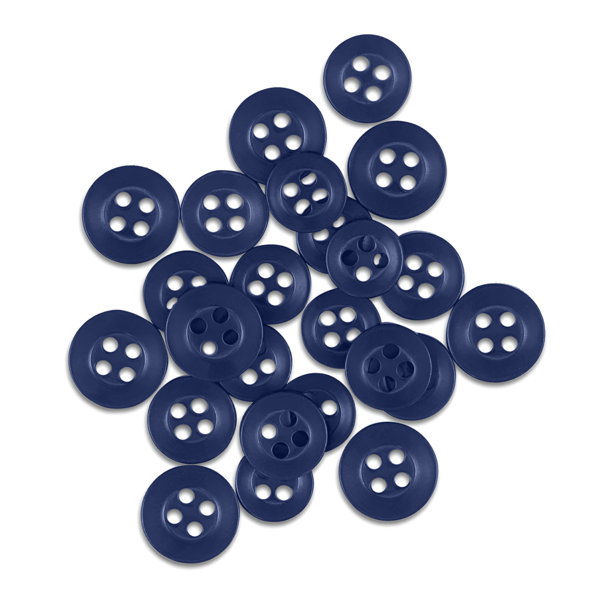 A scattered pile of dark blue Replacement Shirt Buttons with four holes sits on a white background—ideal for dress shirt repairs or stocking any tailor’s kit.