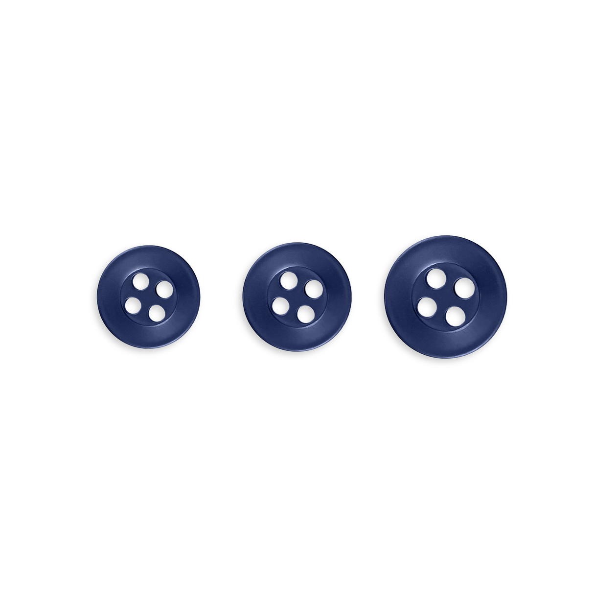 Replacement Shirt Buttons: Set of three navy blue poly-nylon buttons in small, medium, and large sizes on a white background—ideal for any tailor’s kit.