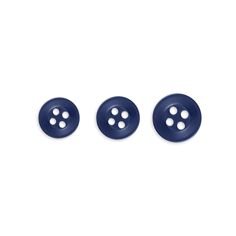 Replacement Shirt Buttons: Set of three navy blue poly-nylon buttons in small, medium, and large sizes on a white background—ideal for any tailor’s kit.