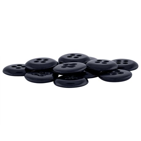 A pile of black Suspender Brace Pant Buttons with four holes, arranged on a white background.