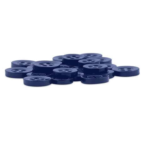 A pile of Replacement Shirt Buttons in dark blue poly-nylon with four holes on a white background—ideal for dress shirt repairs or a tailor's kit.